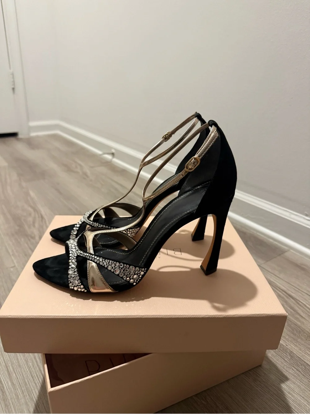 Alexandre Birman Black Suede Heels with Gold Straps and Crystal Embellishment